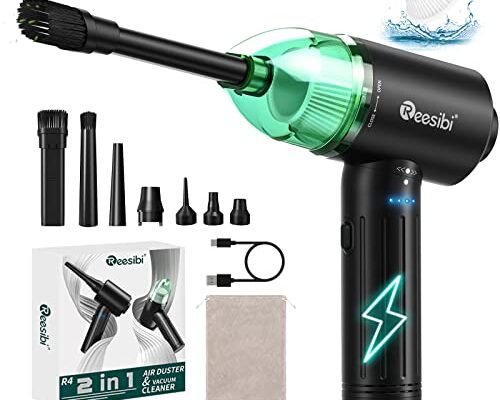Reesibi 【Motor Brushless】4 en 1 90W 130000RPM El aspirador y quitapolvo de aire más potente 12Kpa, indicador de encendido, 3 velocidades, chip inteligente, 7500mAh, carga rápida 15W