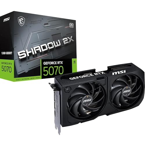 Tarjeta gráfica MSI NVIDIA GeForce RTX 5070 12G Shadow 2X OC - 12 GB GDDR7 (28 GB/s/192 bit), PCIe 5.0 - Ventiladores duales (2 ventiladores TORX 5.0), HDMI 2.1b, DisplayPort 2.1b, SFF Ready