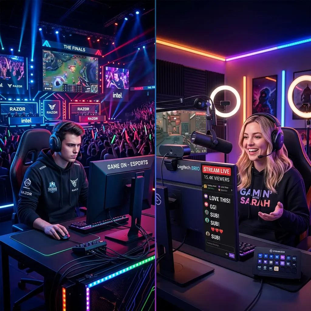 Jugador competitivo de deportes electrónicos versus transmisor Viaje profesional al juego: jugadores competitivos de deportes electrónicos frente a streamers