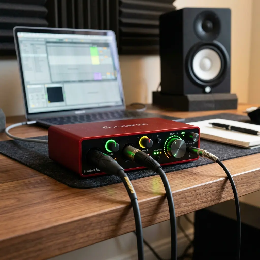 Tarjeta de sonido USB Focusrite Scarlett 2i2 de cuarta generación en un escritorio